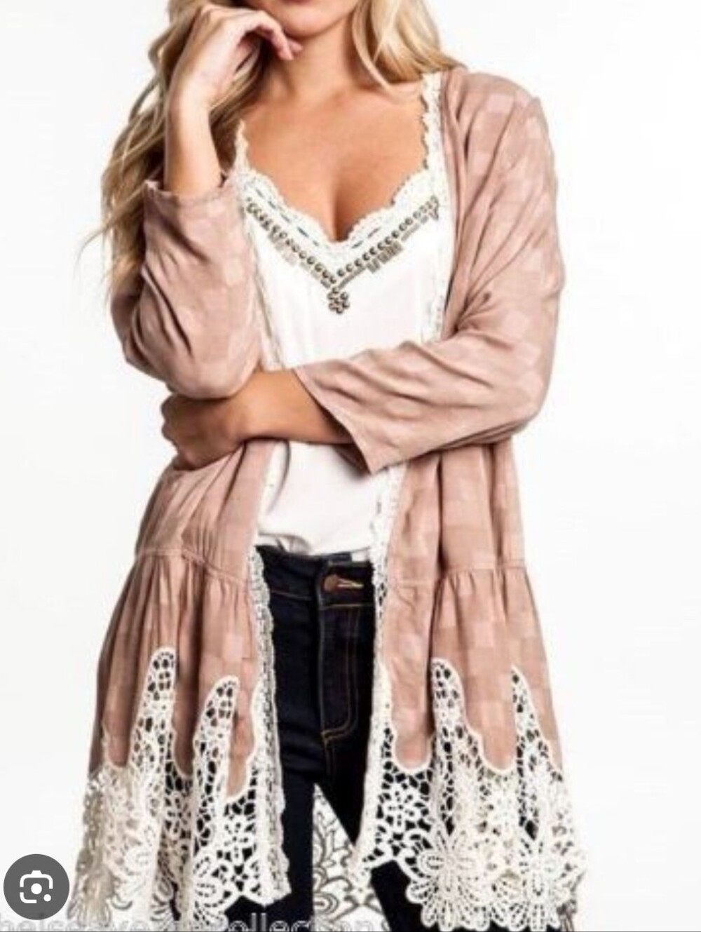 Umgee Light Mauve Crochet- Trim Open Front Kimono Cardigan Size Large